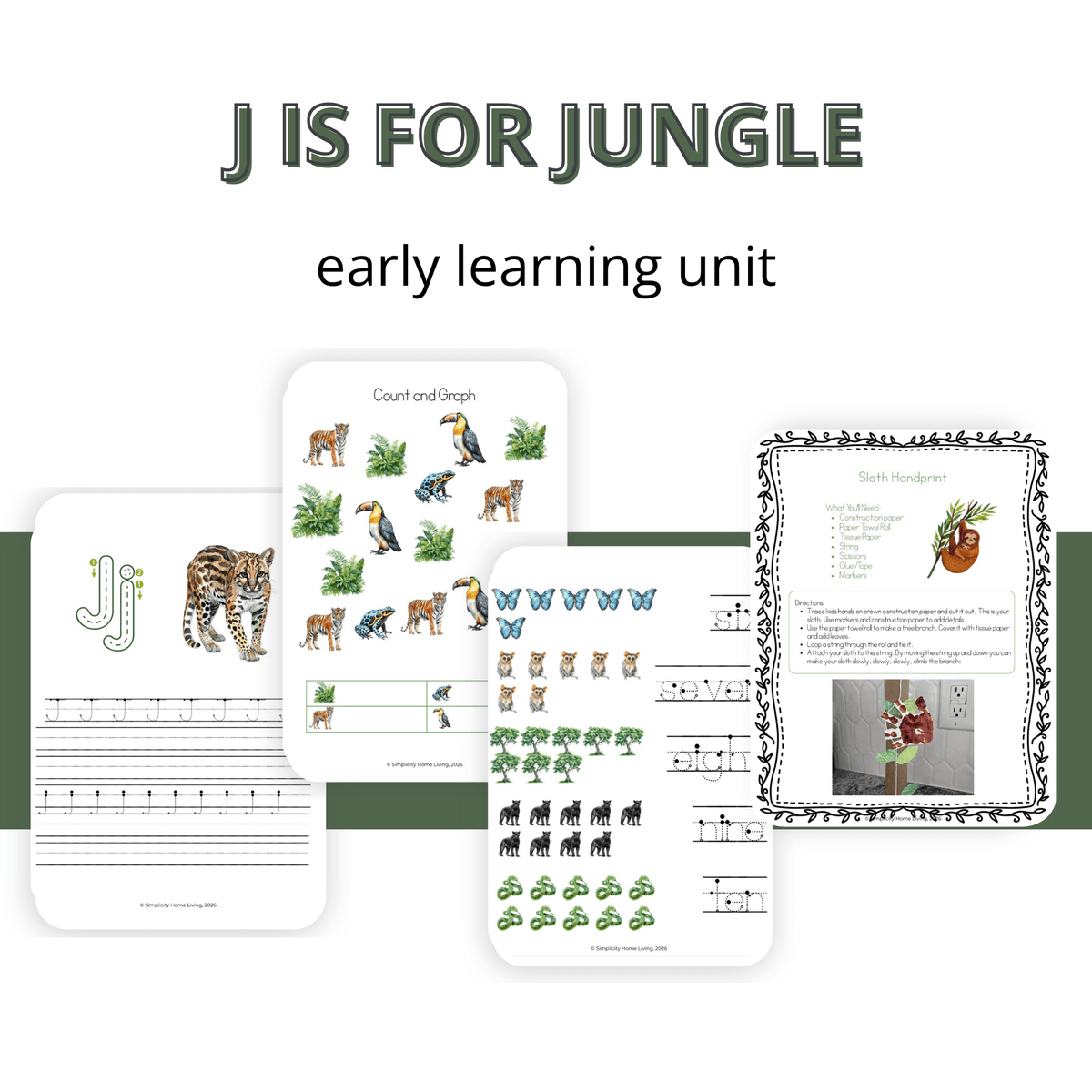 J is for Jungle Alphabet Early Learning Unit Study | 70-Page Pre-K Printable - Simplicity Home Living