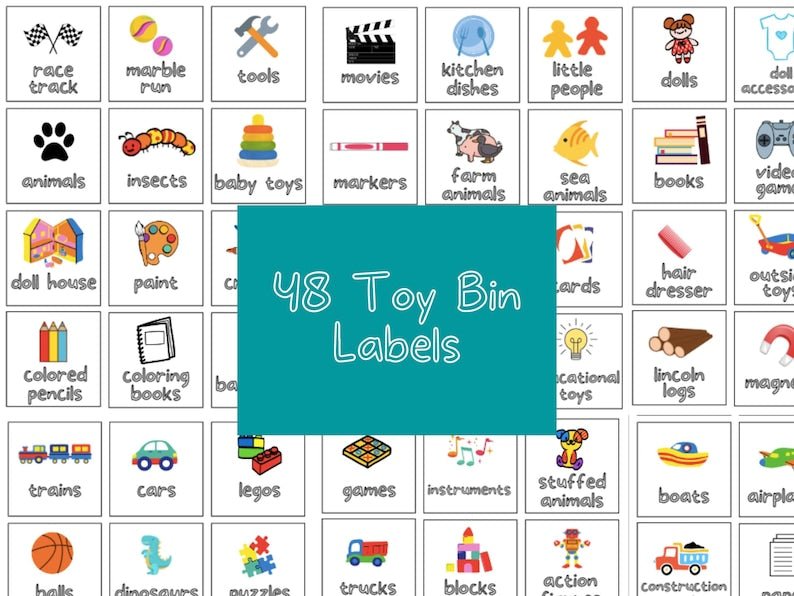 Stuff Toy Package Label Example Printable Toy Bin Labels for Playroom and Classroom – Simplicity Home ...