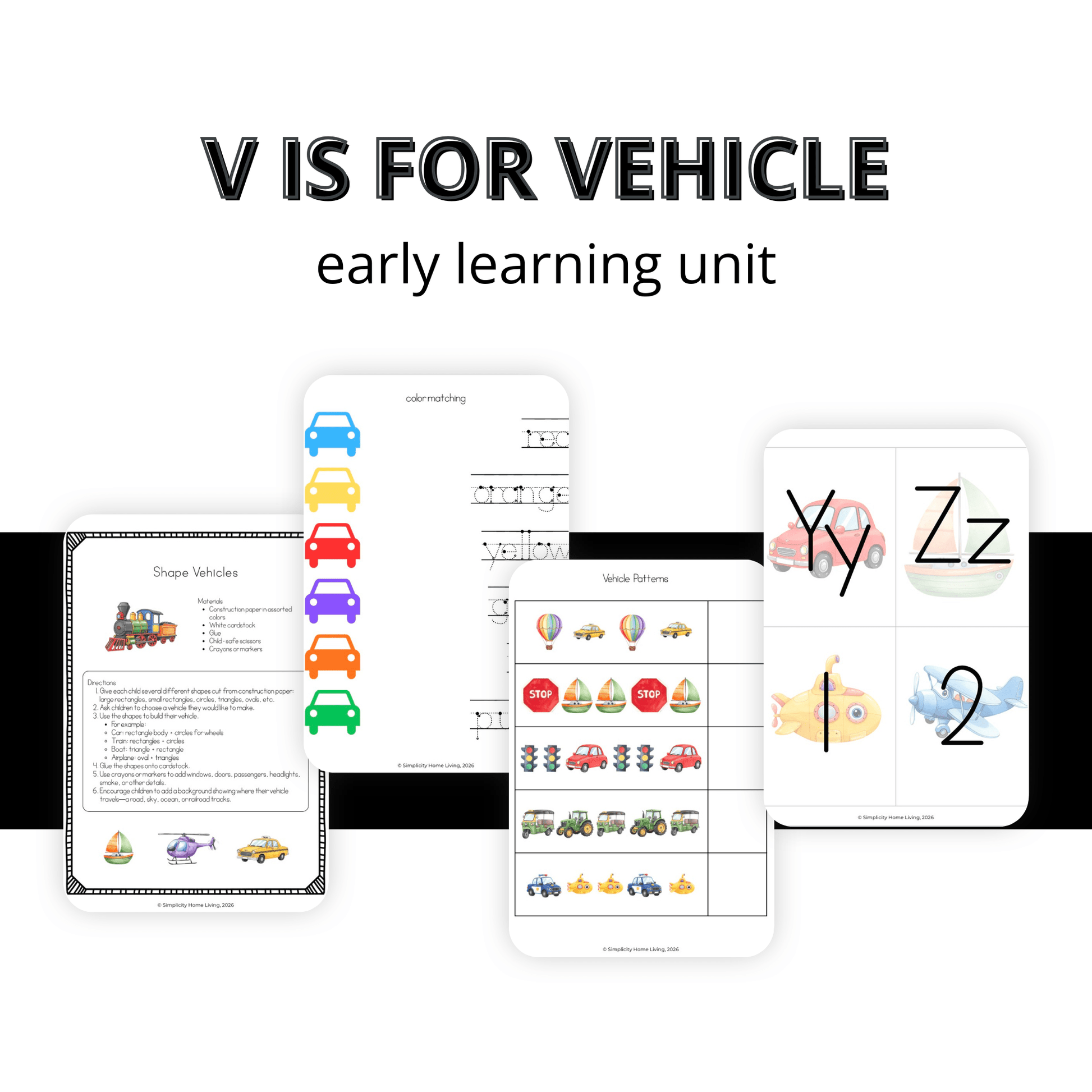 V is for Vehicle Alphabet Unit Study | Preschool Transportation Activities & Letter V Printable - Simplicity Home Living