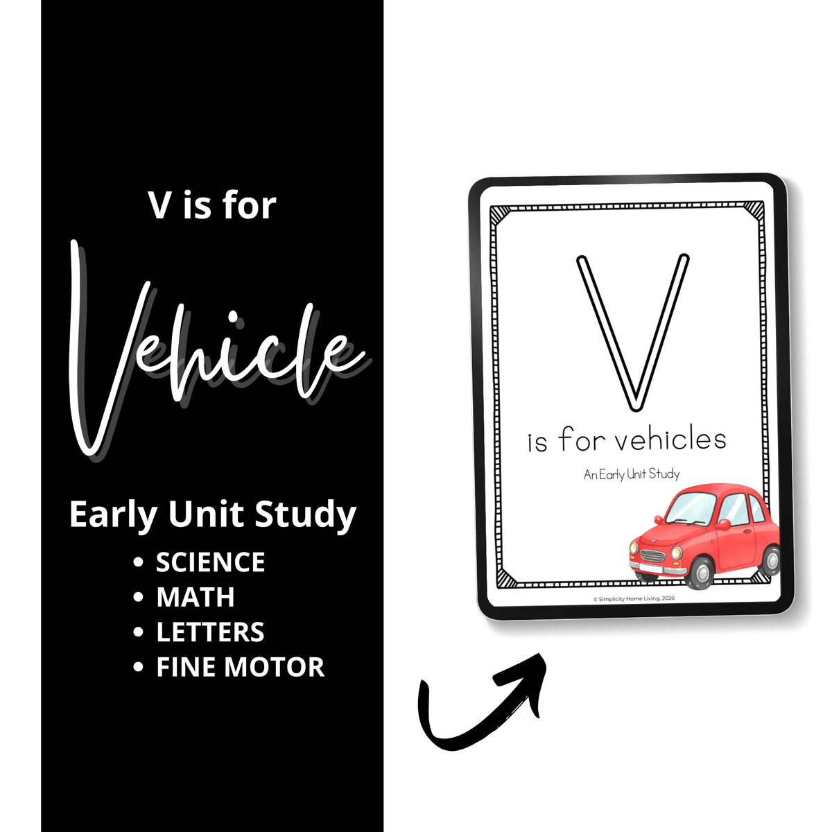 V is for Vehicle Alphabet Unit Study | Preschool Transportation Activities & Letter V Printable - Simplicity Home Living